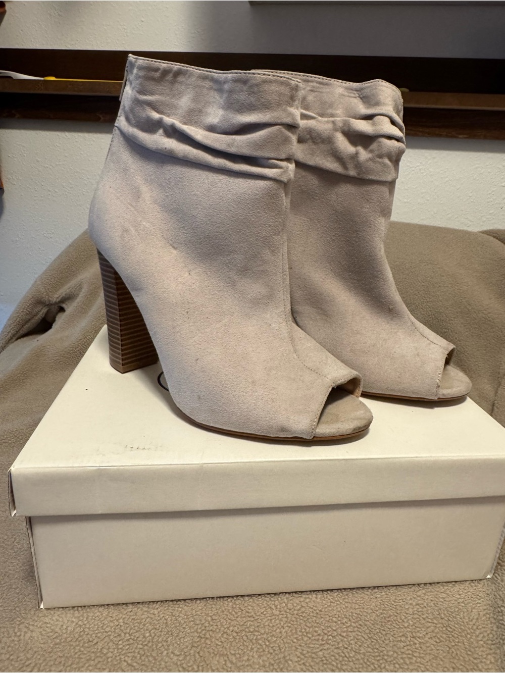 Suede Peep-Toe Fold-Over Ankle Boot in Light Taupe